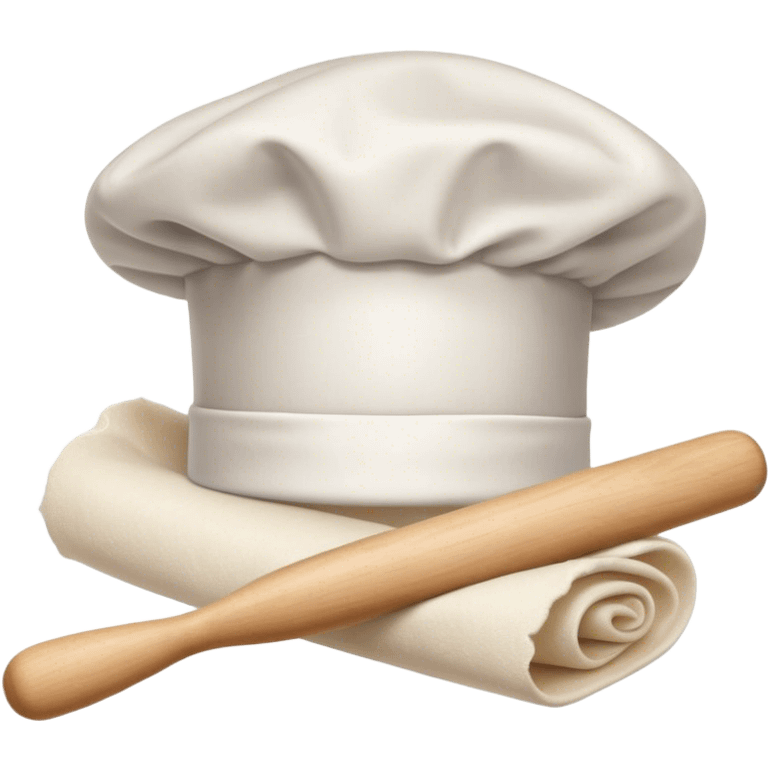 Cinematic Realistic Chef Hat & Rolling Pin, crisp white cotton hat with soft folds, resting beside a classic wooden rolling pin with smooth, polished curves, a light dusting of flour adding authenticity, warm kitchen lighting casting gentle shadows, glowing with a cozy and inviting charm. emoji