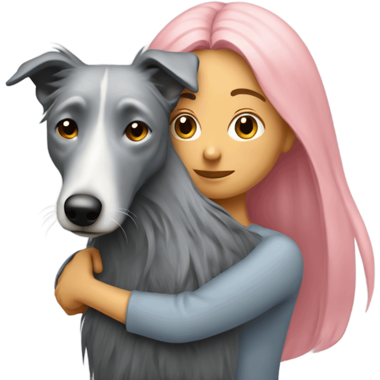 Pink long hair lady hugging grey lurcher emoji