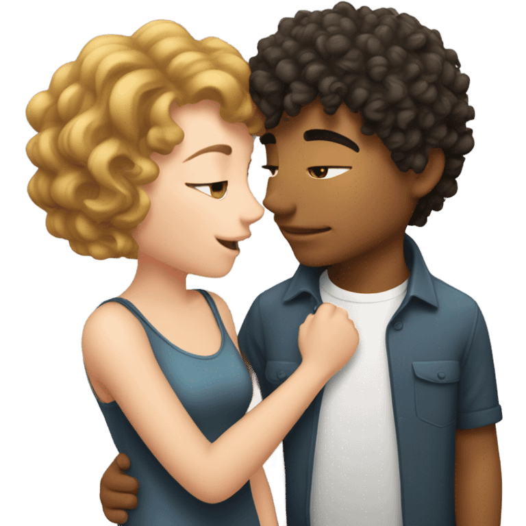 Chubby broy with curly hair kissing skinny girl with short wolfcut (shoulder long) hair, both white emoji