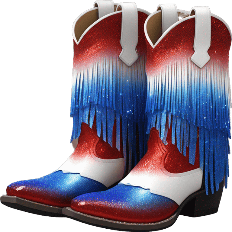 red, white, and blue ombre pair of fashion cowgirl boots with sparkly shiny glitter fringe on them. emoji