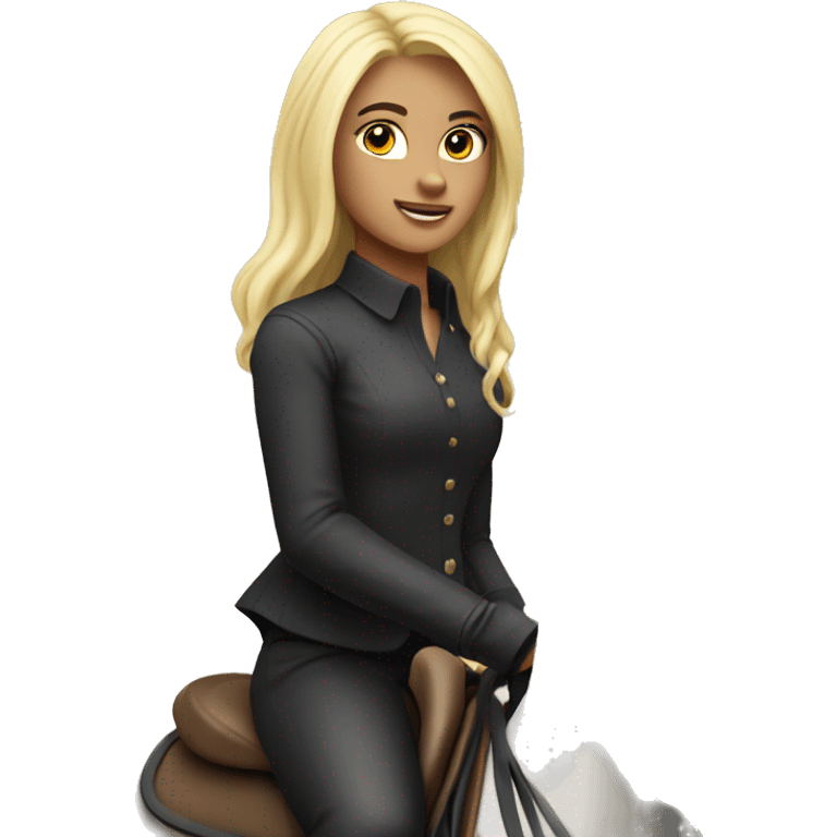 Girl with blonde hair on horseback darkbay horse with black mane emoji