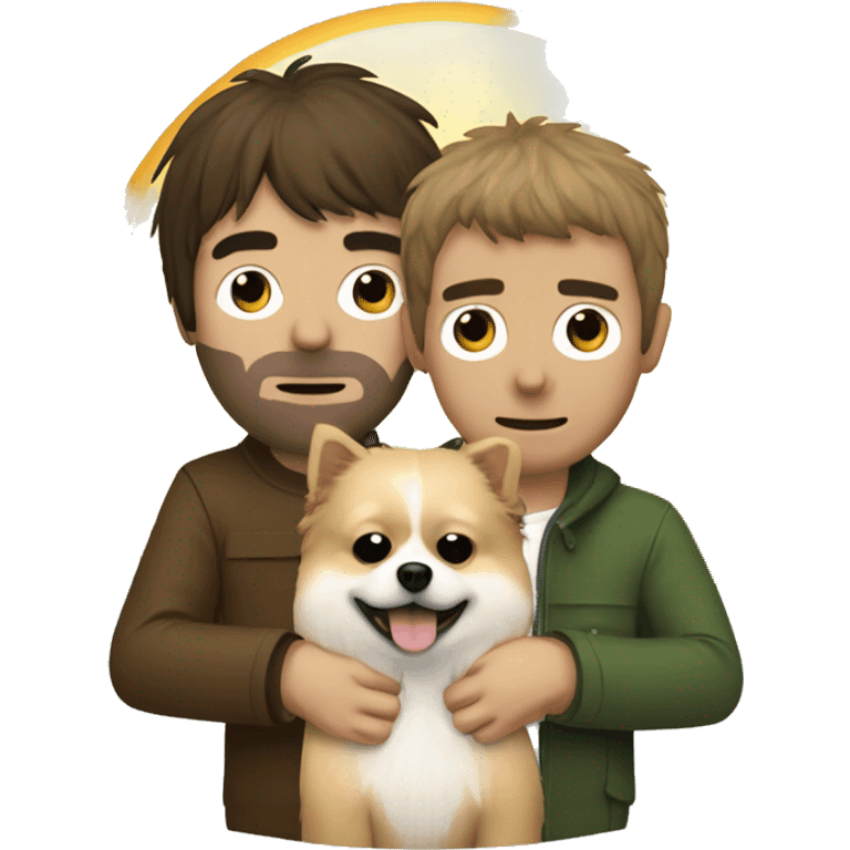 noel and liam gallagher hugging a pomeranian dog, noel is on the left and liam on the right emoji