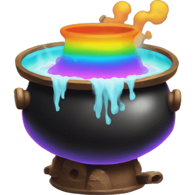 black Cauldron with rainbow potion and white steam, under the kettle are fire emoji