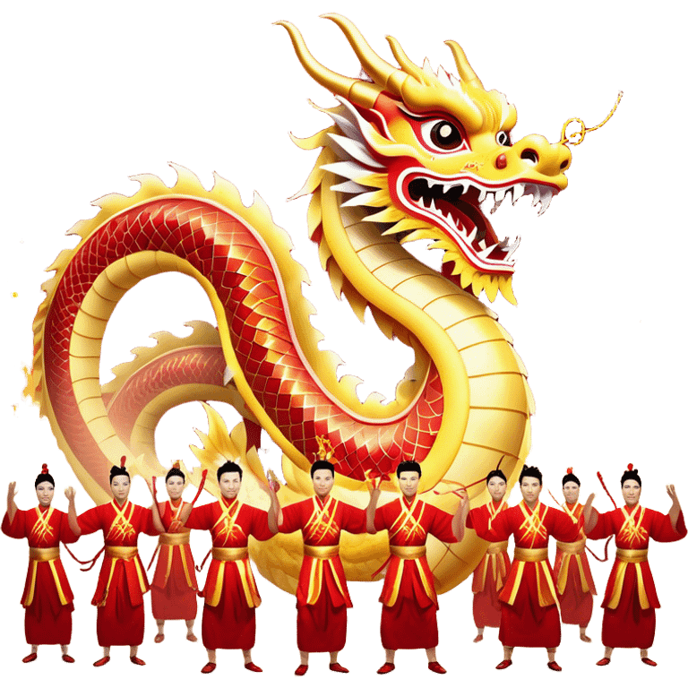 Cinematic Realistic scene of a Chinese Dragon Dance featuring performers energetically holding a vibrant dragon model aloft, with intricately detailed scales and dynamic flowing costumes, illuminated by festive red and gold lighting that captures the spirit of celebration. emoji