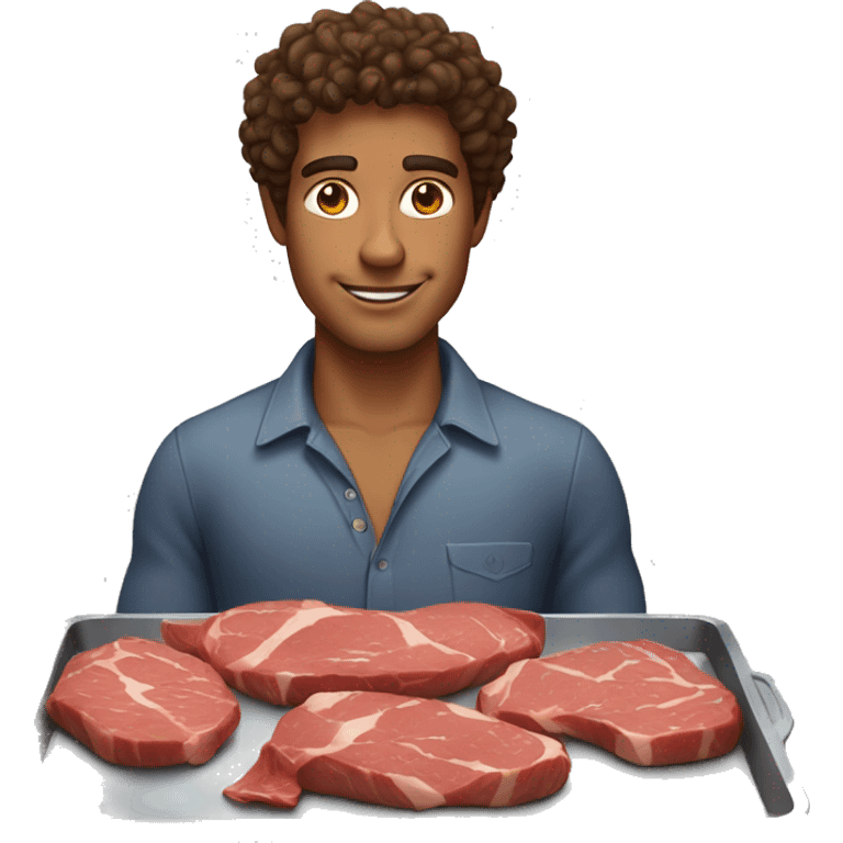 Man with curly brown hair and tanned skin with meat on tray  emoji