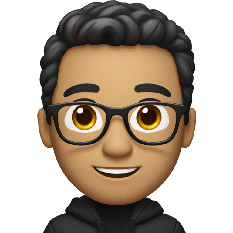 memoji of a man with a laptop in front, apple-style, fair white skintone, black jacket or hoodie,modern,wearing spectacles,black hair,black sweater,computer in hand,sitting on his desk emoji