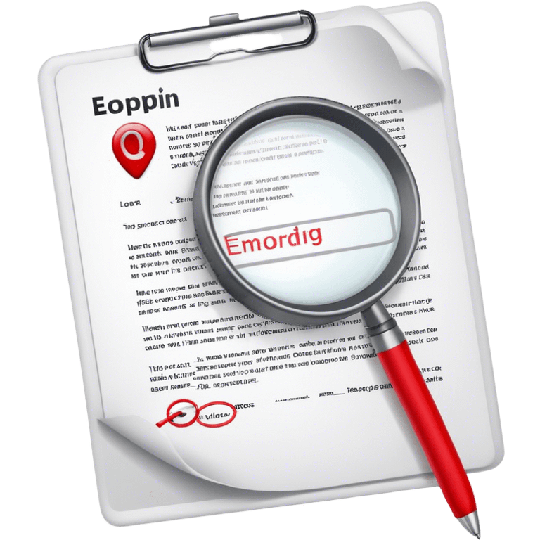 Create an emoji representing editing and proofreading. The design should feature an open document or manuscript with visible text and proofreading marks (such as red underlines or corrections). A red pen or pencil should be placed near the document, symbolizing the act of making edits. Optionally, include a magnifying glass to represent careful review. Use neutral and professional colors like white, black, and red accents to highlight the editing process. Do not include any emojis or smiley faces. Make the background transparent. emoji