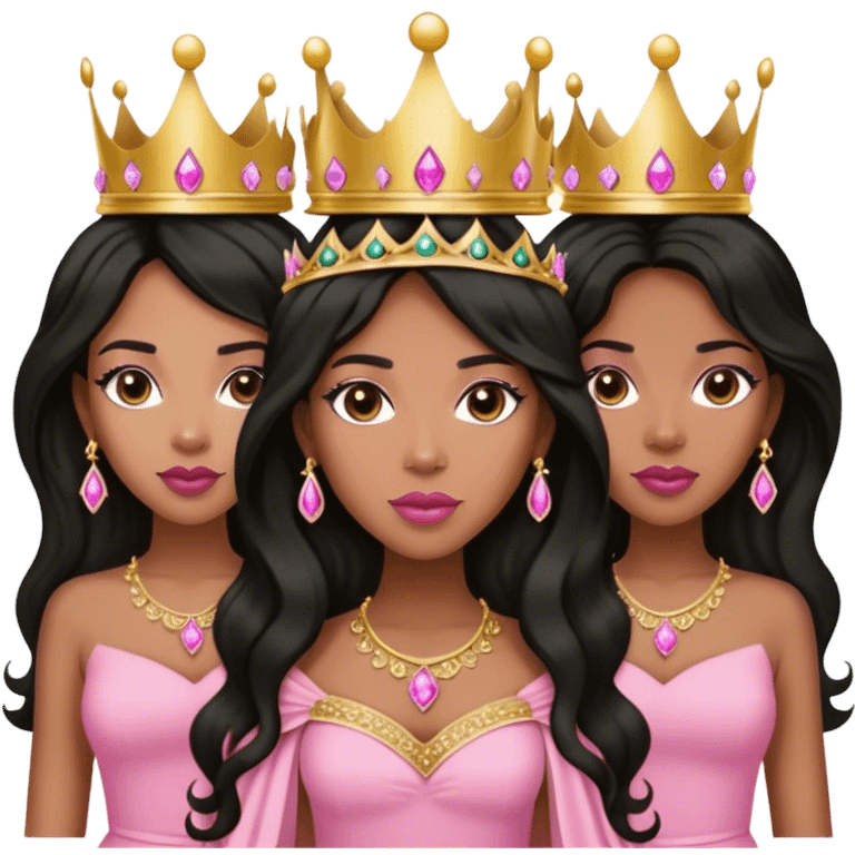 Crown TONE 4 black women with long WAVY hair pink dress pink crown facing forward black hair middle age adult woman gold gems in crown gold earrings  emoji