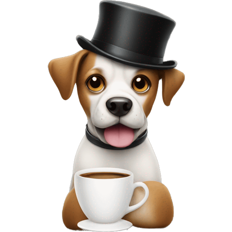 a dog wearing a bowler hat holding a cup of coffee  emoji