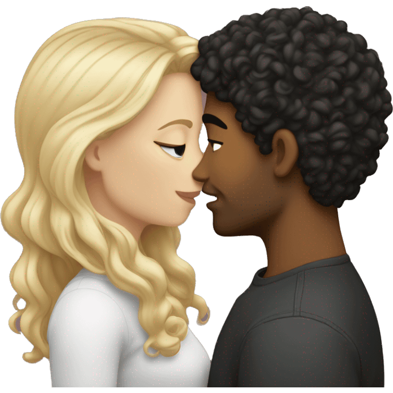 A white girl with blond straight hair kissing a light-skinned brown guy with curly black hair emoji