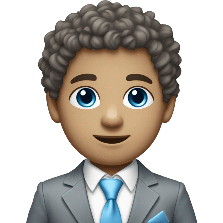 Little young  gentleman wearing a grey suit with white shirt and baby blue tie with blue eyes , white  skin and brown curly hair and full body . Wearing a watch  emoji