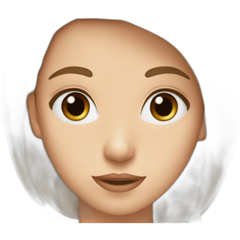 young woman with long brown hair, blue almond-shaped eyes, thin eyebrows and earring emoji