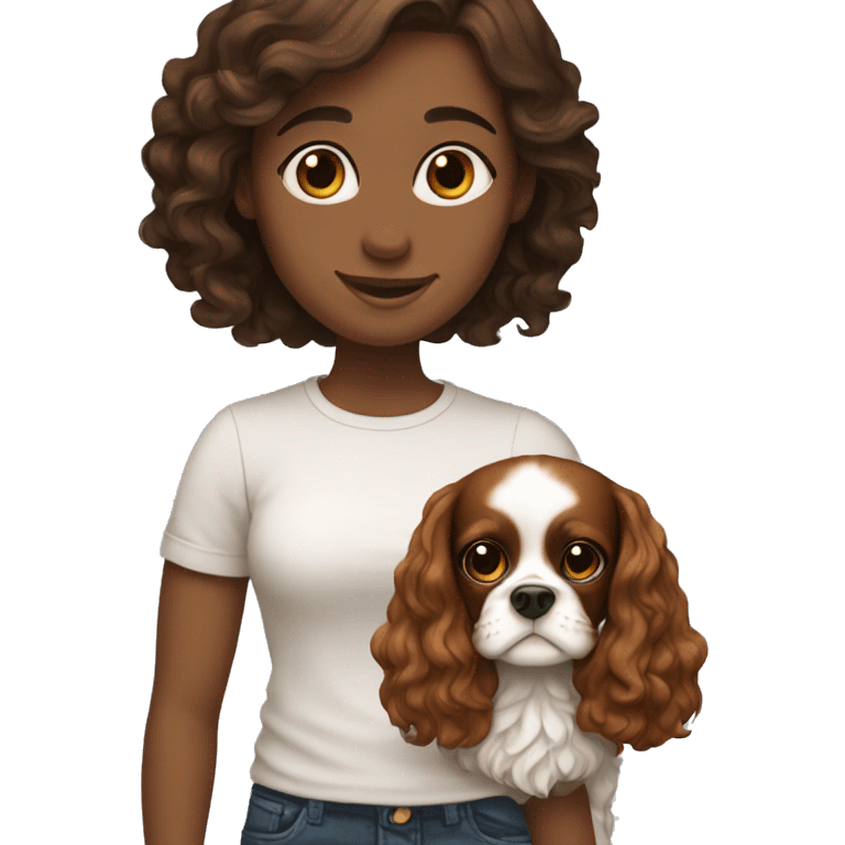 girl brown hair holding King Charles spaniel ruby  emoji