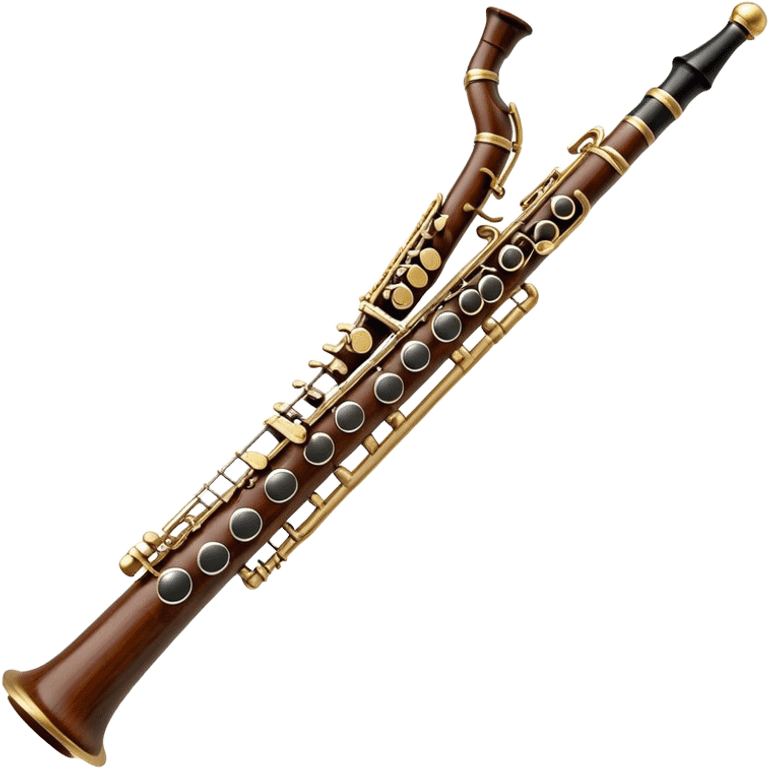 Create a detailed and elegant emoji depicting an oboe. The design should include a thin cylindrical black oboe body with intricate keys visible along its entire length. A small cane, typical for this instrument, should be visible in the upper part. Use rich wood tones with silver or brass inserts on the keys to emphasize the high quality of oboe performance. Add subtle musical notes surrounding the instrument to emphasize its expressive, melodic sound. The background should be transparent. emoji