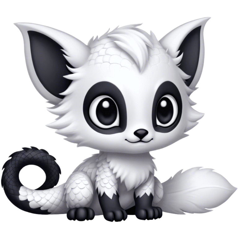 Fantasy-fantasy creature, black ears, no Scapha, black long scaly tail, big eyes, black eyes, white fur, black claws, cute, adorable emoji