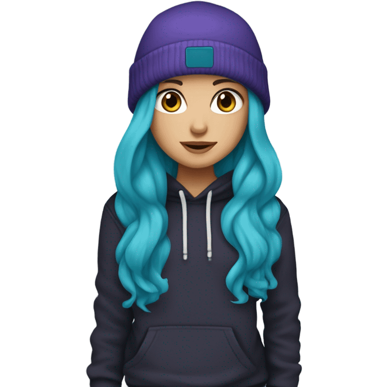 White girl, blue eyes, long teal hair, purple beanie hat, black hoodie, blue jeans, black shoes emoji