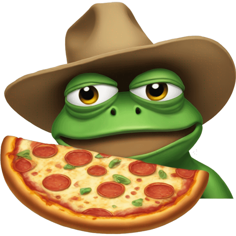 Pepe the frog eating pizza with a cowboy hat emoji