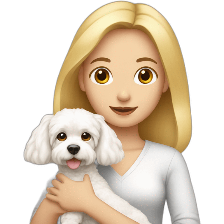 a blonde girl holding a bichonfrise in her hands emoji