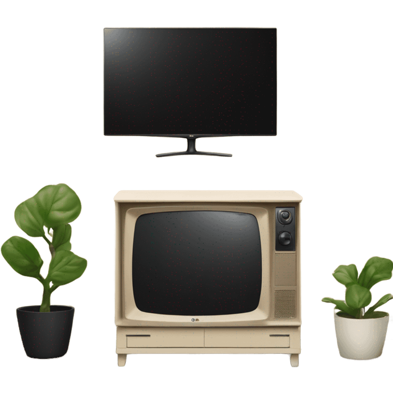 Lg tv with black screen on a beige tv stand emoji