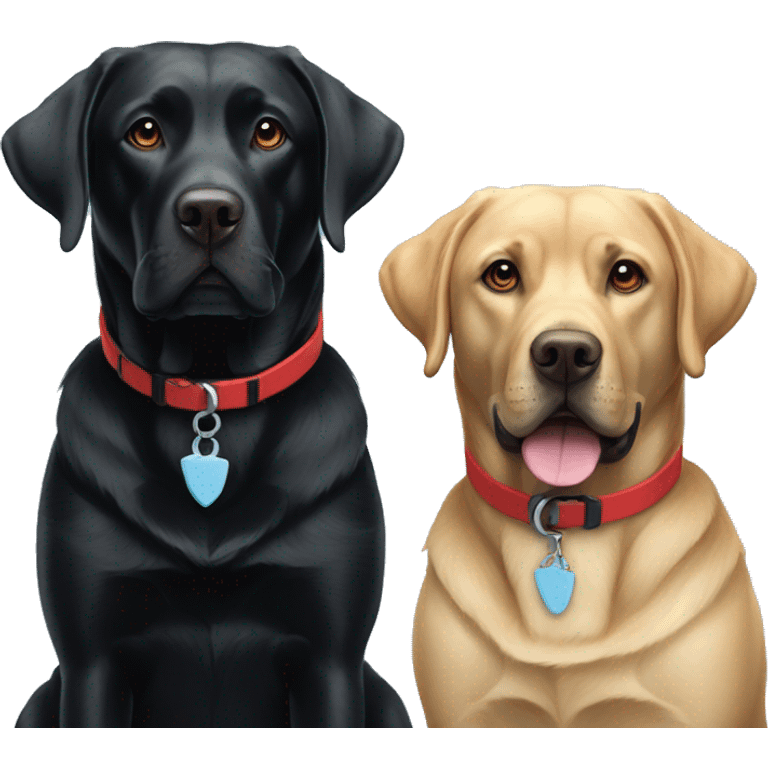 black-coloured labrador on the left with red collar, black-coloured labrador on the right with light blue collar. emoji