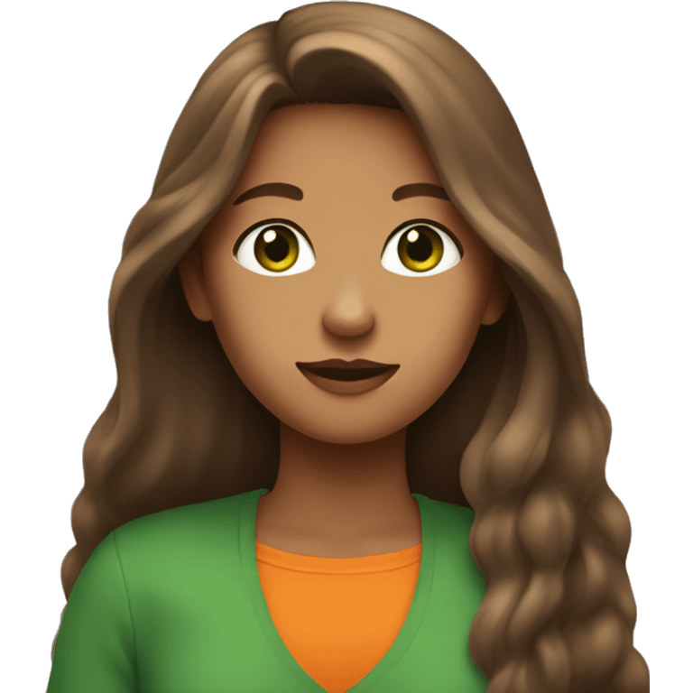 A girl with long brown hair, green and orange eyes take 🤭 emoji