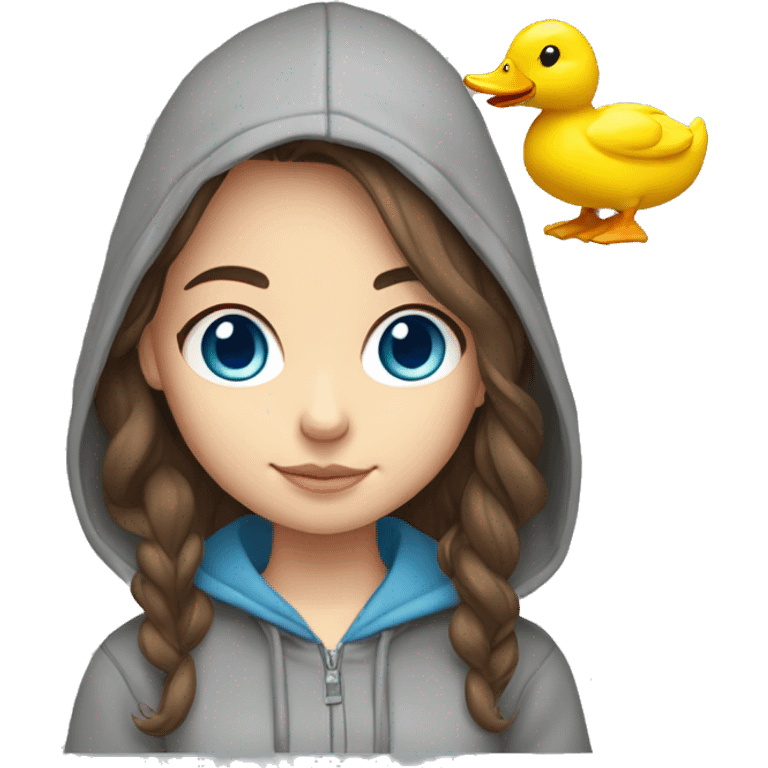 cute girl with brown hair, blue eyes grey hoodie, and a ducky hair clip emoji