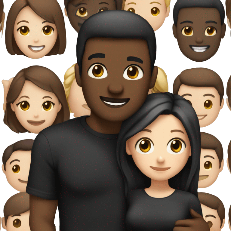 white-skinned woman, with straight dark brown hair, brown eyes, wearing a black long-sleeved shirt, nice smile hugging a dark-skinned man, with straight dark brown hair, brown eyes, wearing a black long-sleeved shirt, nice smile emoji