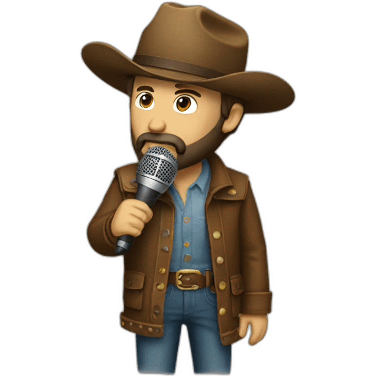 A bearded man stands holding a rodeo mic emoji