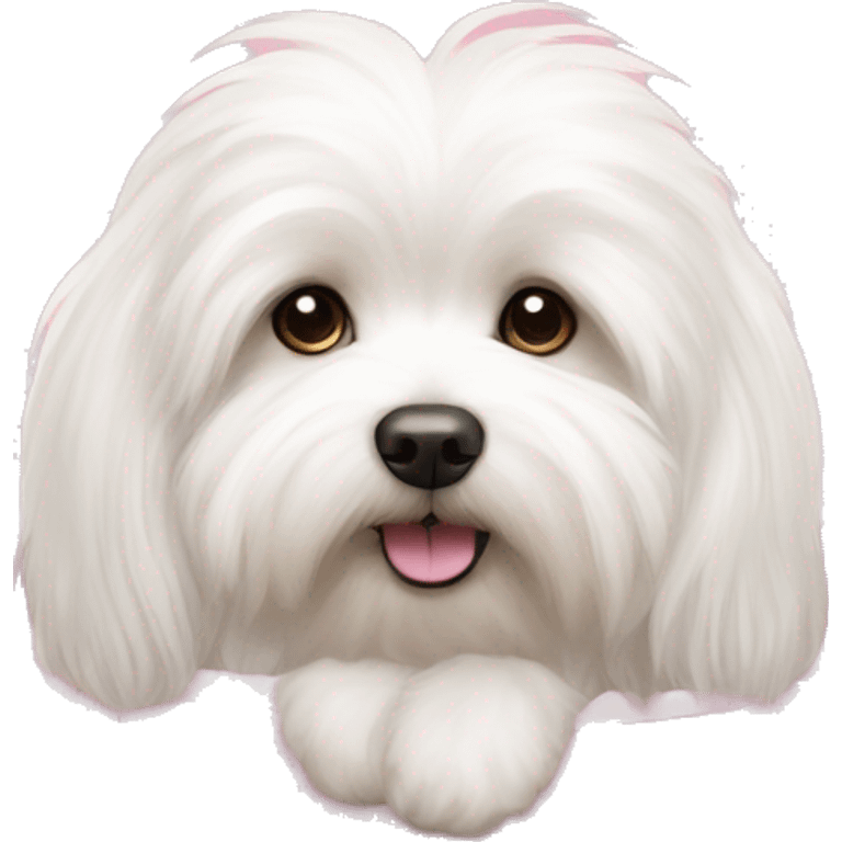 Long haired Coton de Tulear dog with pink harness and pink hair bow, sitting in a pink dog bed emoji