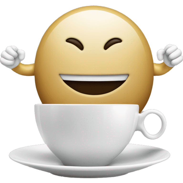 a computer with arms and a smile face on screen with coffe emoji