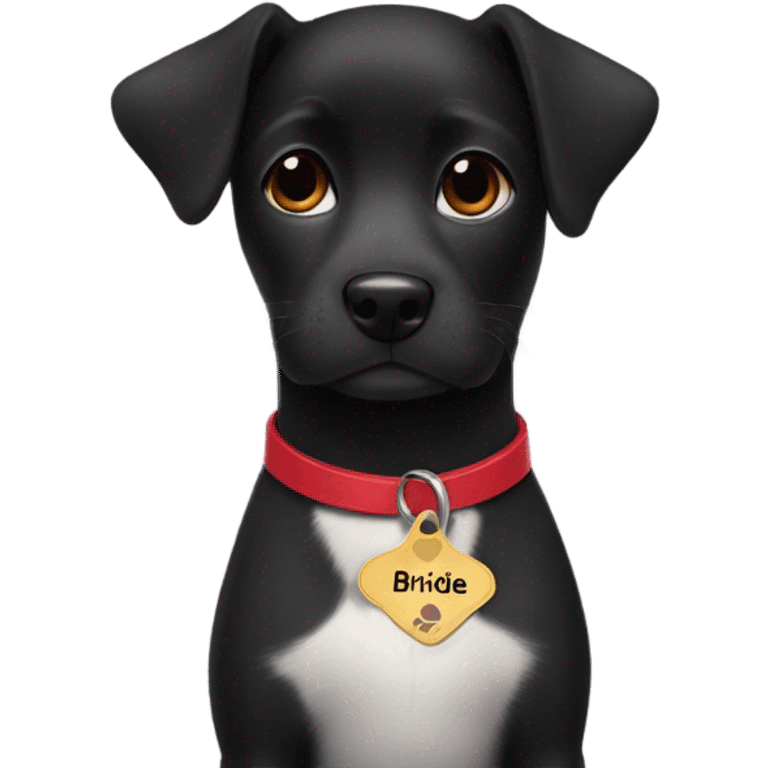 Black small wearing wearing a red collar with a name tag that says birdie  emoji