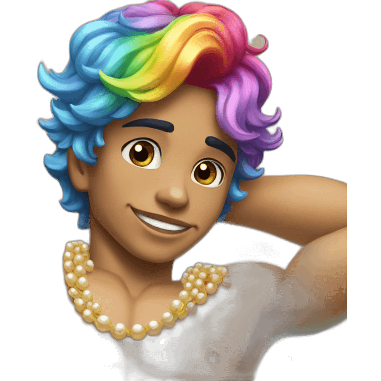 posh-muscle-boy-with-pearl-necklace-and-rainbow-unicorn-hair-in-golden-bathtub emoji