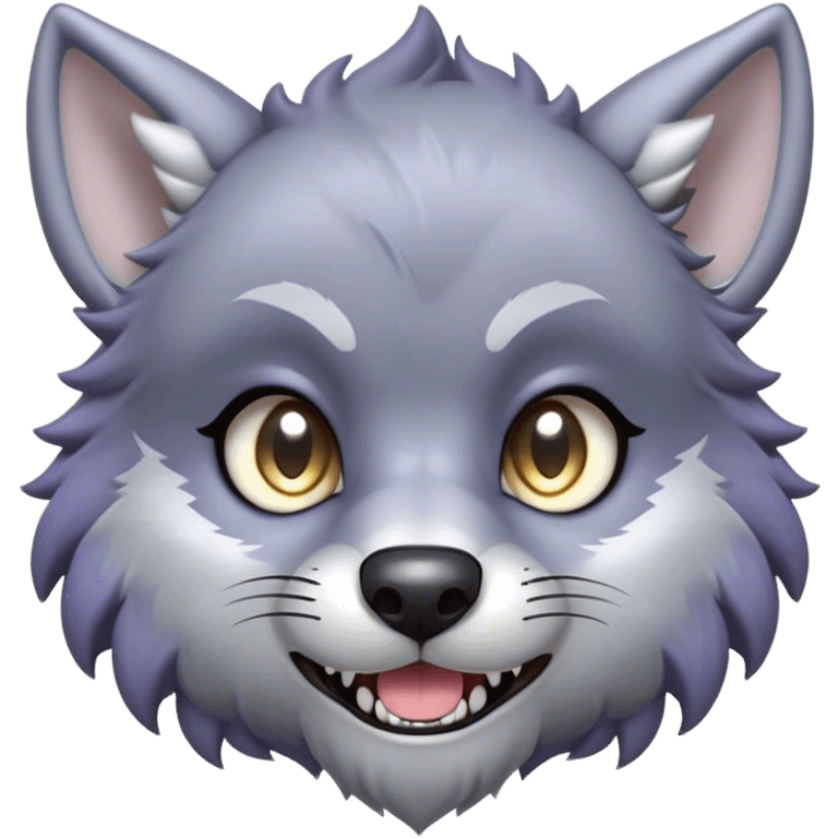 Cinematic Cute Werewolf Portrait Emoji, with a cuddly, miniature lupine form in soft moonlit grays and silvers, featuring oversized sparkling eyes and a sweet, endearing snarl, simplified yet irresistibly adorable, highly detailed with a gentle glowing outline that captures the playful, heartwarming essence of a little werewolf! emoji