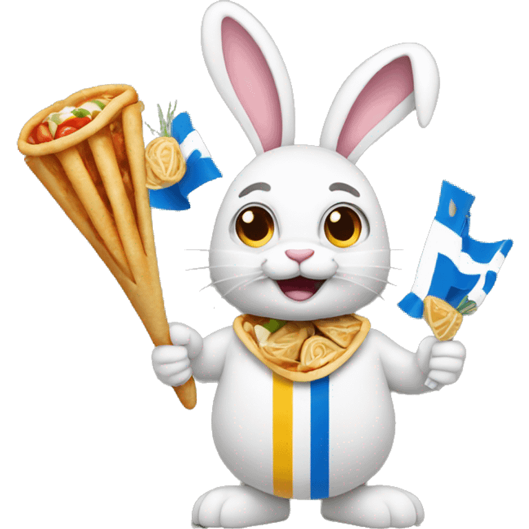 Easter bunny wearing a Greek flag holding a gyros emoji