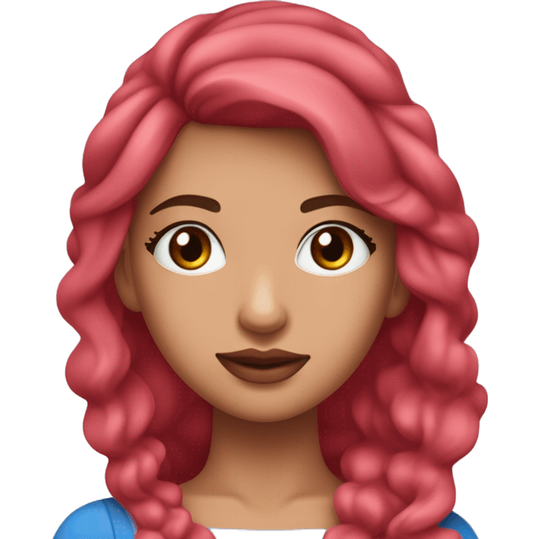 Una joven adulta con una figura delgada y con curvas, piel clara, ojos azules, mejillas rosadas, labios rosados, y cabello rubio. Su atuendo consiste en un vestido rosa con el rojo ocasional. emoji