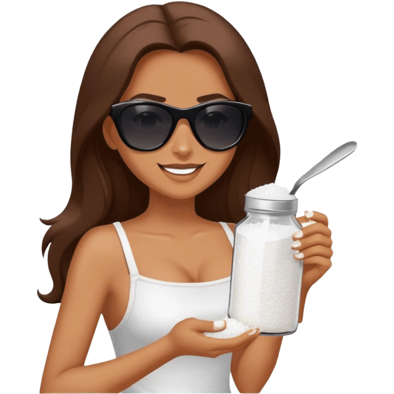 Tan woman with long brown hair and dark sunglasses. She is holding a salt shaker full of white table salt. She is shaking the salt out of the salt shaker with a smirking expression emoji