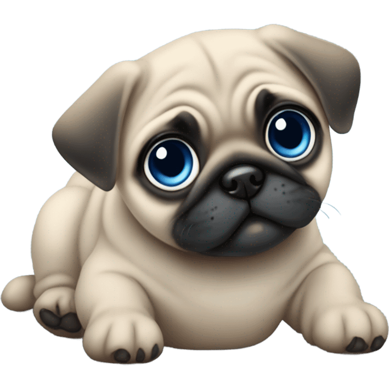 Baby pug with big blue eyes chewing a blue teddy bear  emoji