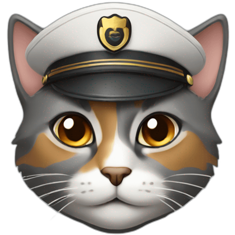 full grey and brown calico cat face wearing a pilot hat emoji