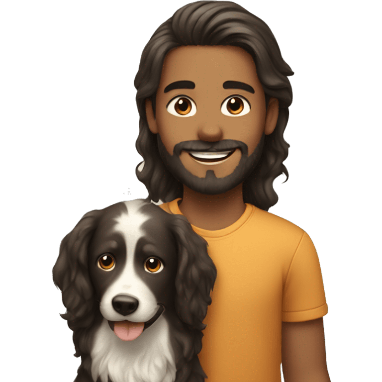 smiling boy with beard and long hair with dog indoors emoji