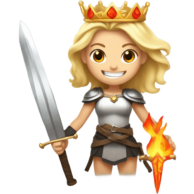 Blonde girl with a crown holding swords  with a grin and flames around her emoji