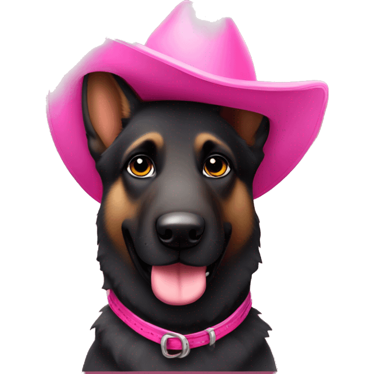 Mostly dark German shepherd in a pink cowboy hat emoji