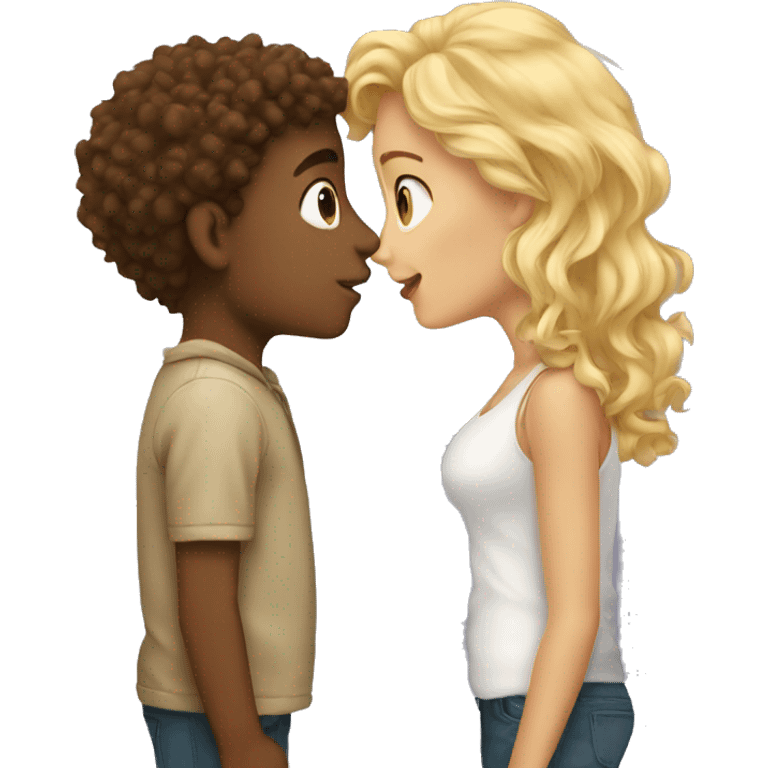 Blonde girl and brown curly boy kissing  emoji