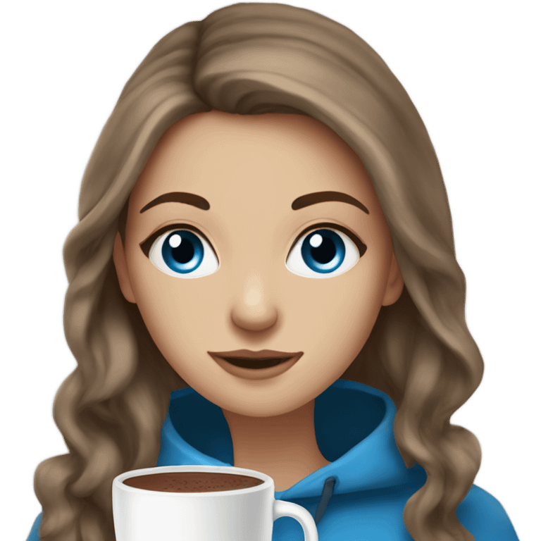 white girl with blue eyes brown long hair and a hot chocolate emoji