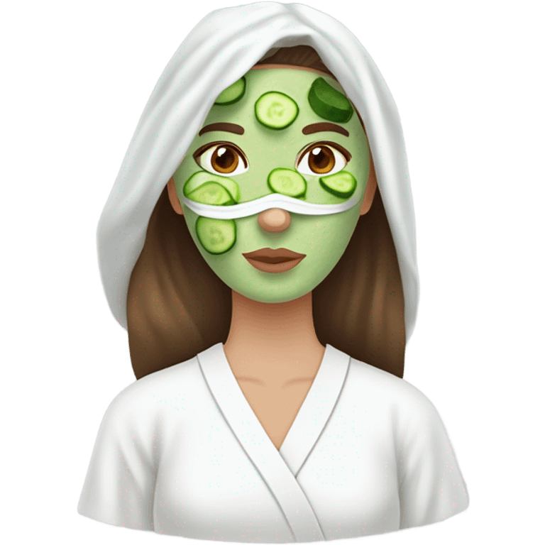 White girl with Brown hair and blue eyes wears a Green clay colored skincare textured mask and puts on cucumbers around her eyes while She relaxes in her white Robe emoji