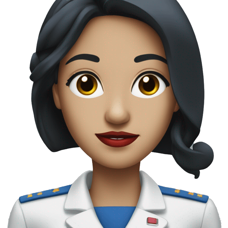 Flight attendant with long black hair, white skin, red lips and a blue uniform emoji