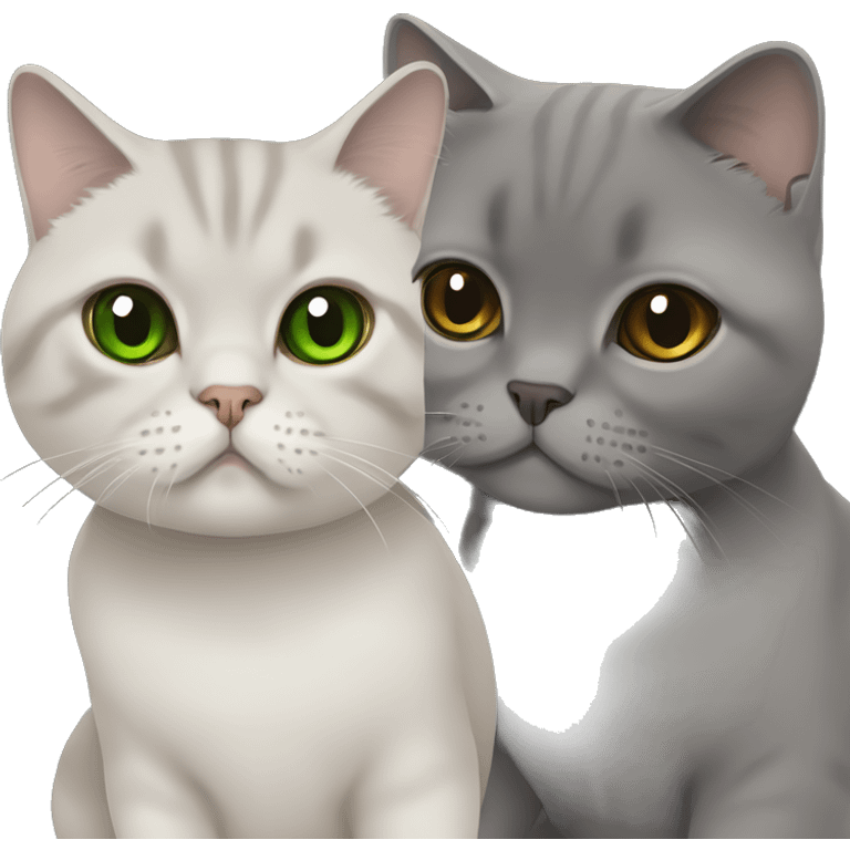 Scottish fold cat in grey with Green eyes + Brown british shorthair with Brown eyes sitting  emoji