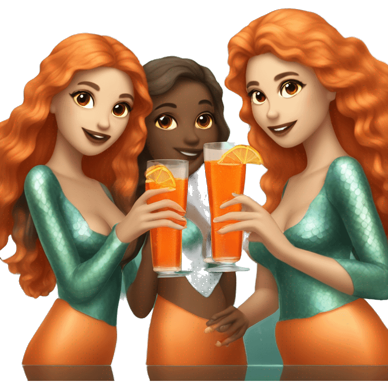 Three beautiful mermaids (light skin) drinking aperol emoji