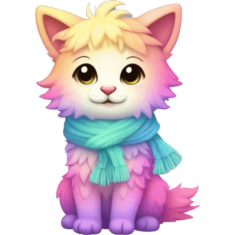 Edgy Kawaii cute gorgeous colorful sparkly bright light pastel gradient fantasy ethereal fluffy fursona animal creature with a cute scarf full body emoji