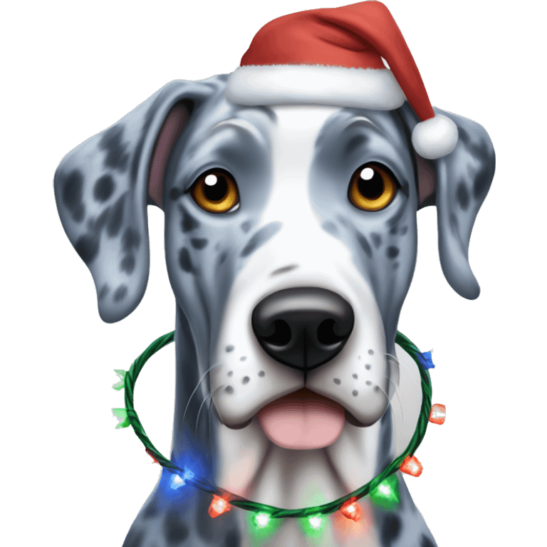 Blue Merle Great dane wearing Christmas lights emoji