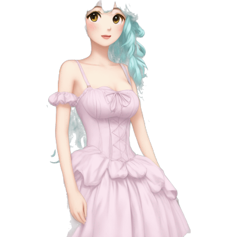 gorgeous pretty attractive anime lady beautiful hair with gorgeous dress fairycore cottagecore pastelcore detailed high quality trending VOGUE aesthetic full body emoji